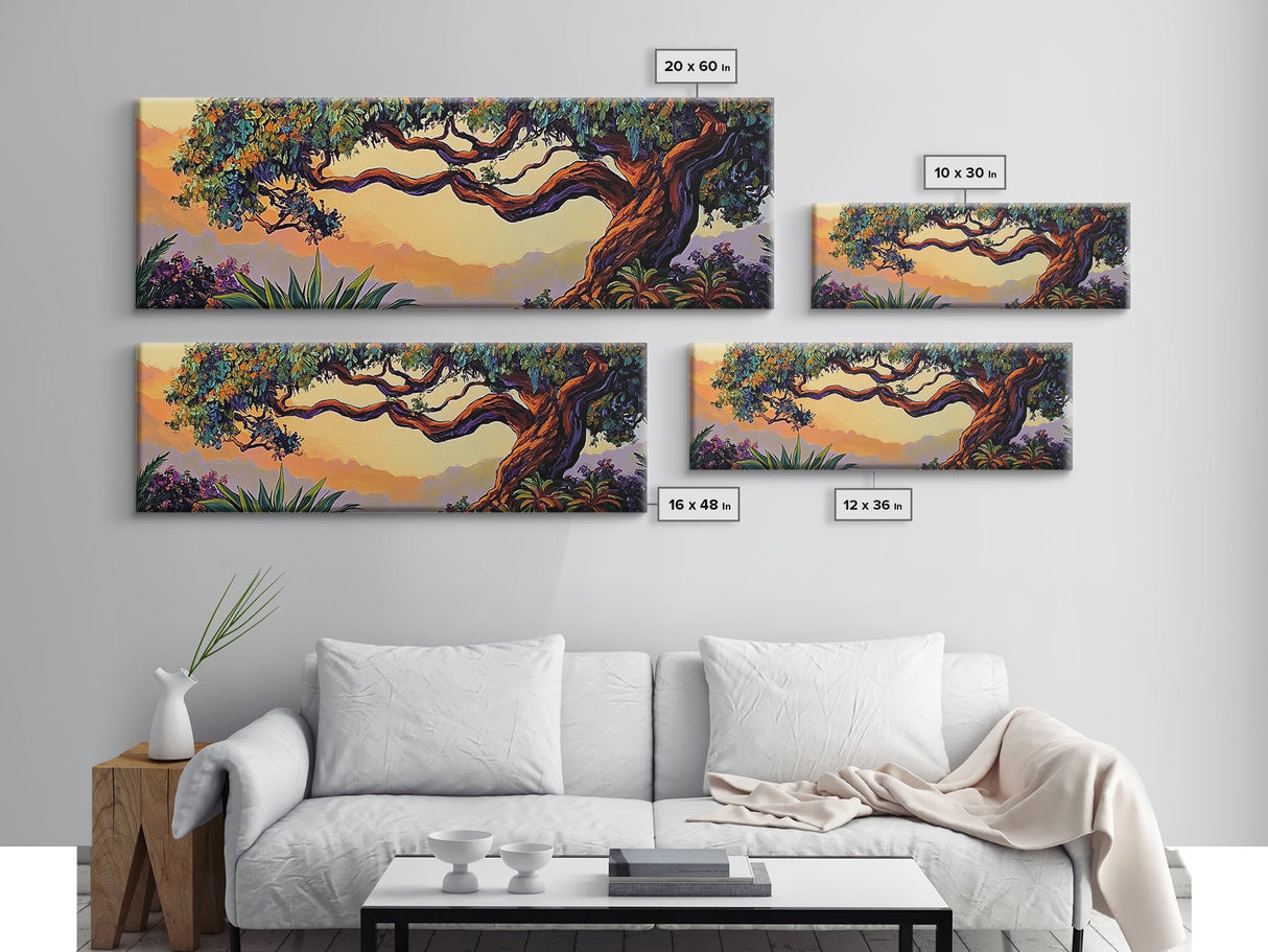 Majestic Tree Sunset, Enchanted Forest Landscape, Whimsical Nature Wall Art, Framed Canvas Print, Zen Bedroom or Entryway Decor