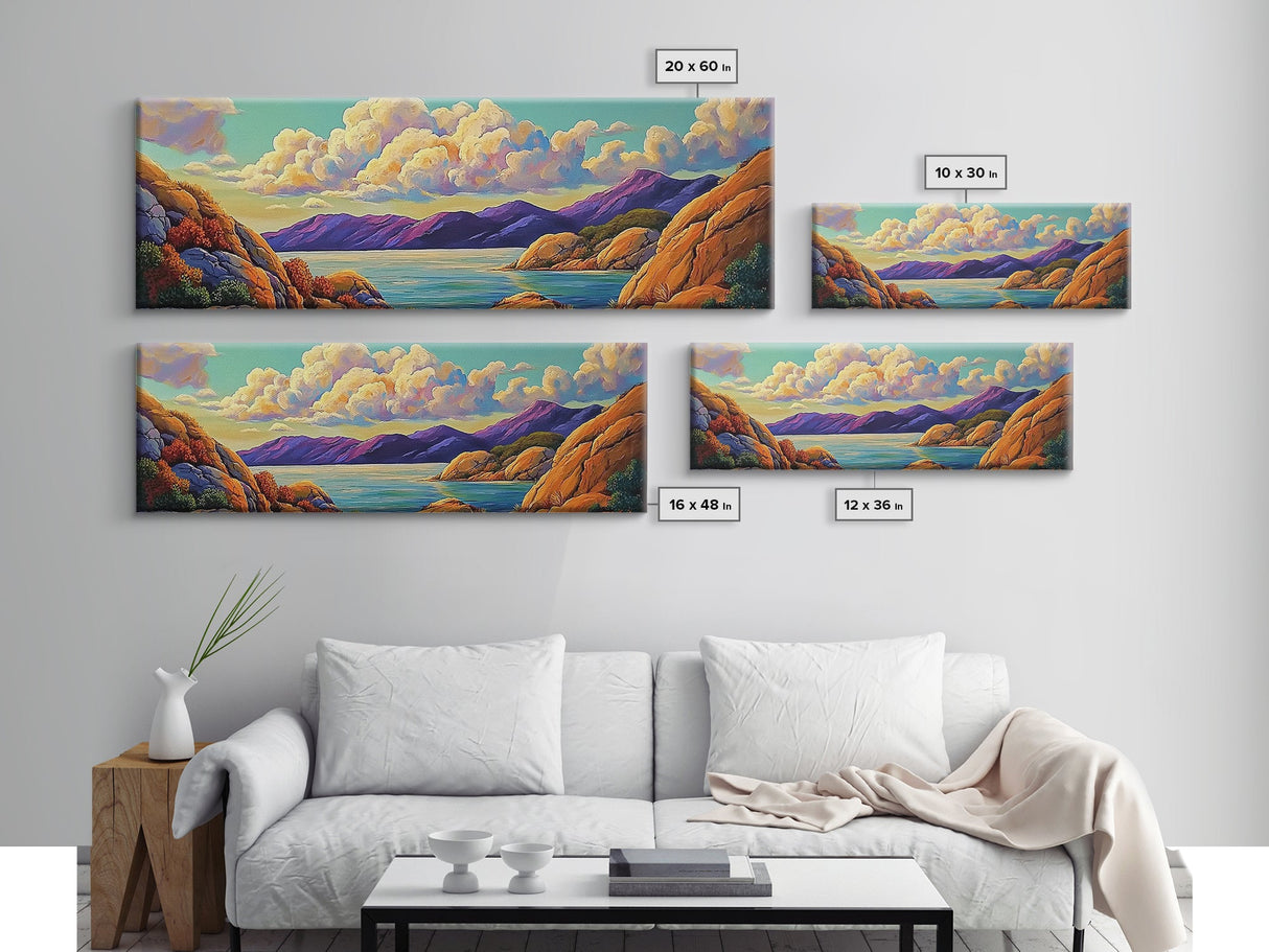 Rocky Coast View, Cloudy Sky Seascape, Peaceful Nature Art, Framed Canvas Print, Beach House Decor, Coastal Bedroom Wall Art