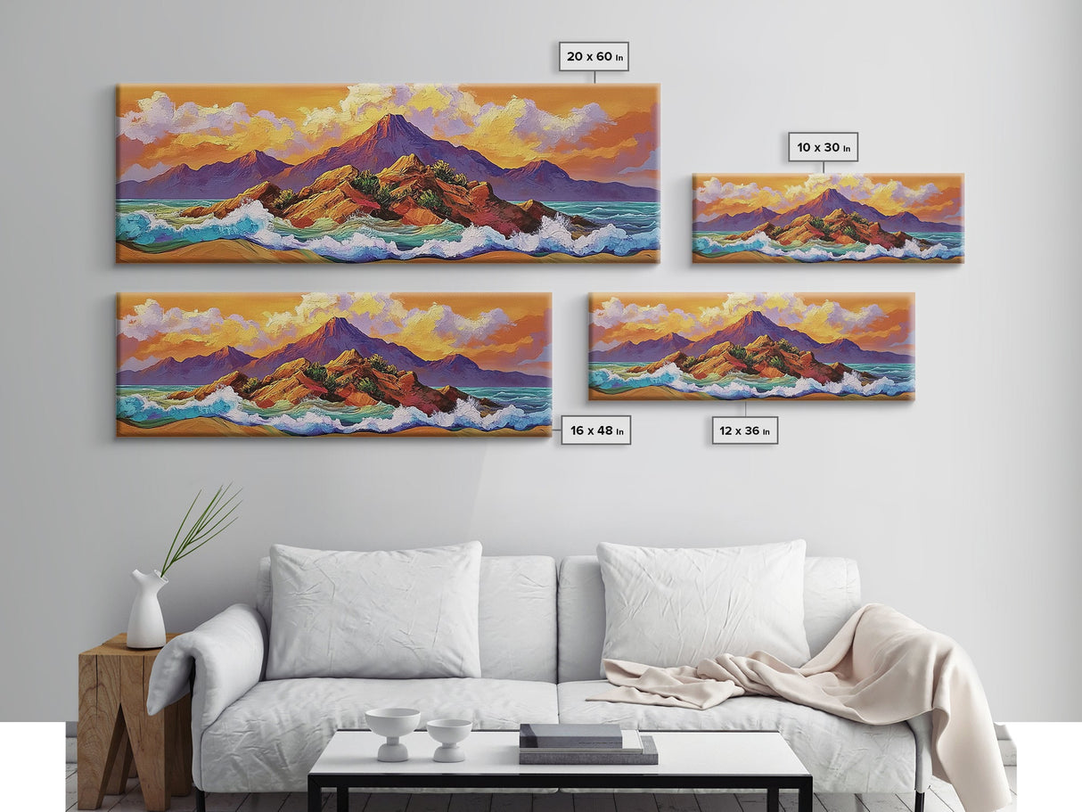 Sunset Island Scene, Bold Ocean Mountainscape, Tropical Beach Decor, Framed Canvas Print, Boho Bedroom or Vacation Home Wall Art