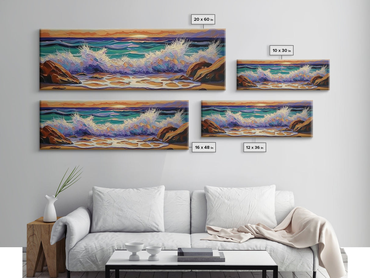 Crashing Waves Sunset, Seaside Landscape Art, Modern Beach Wall Decor, Living Room Accent, Framed Canvas Print, Coastal Vibes