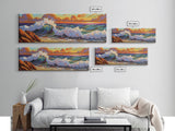 Vibrant Wave Break, Sunset Beach Art, Ocean Surf Decor, Modern Seascape Accent, Living Room Wall, Framed Canvas Print