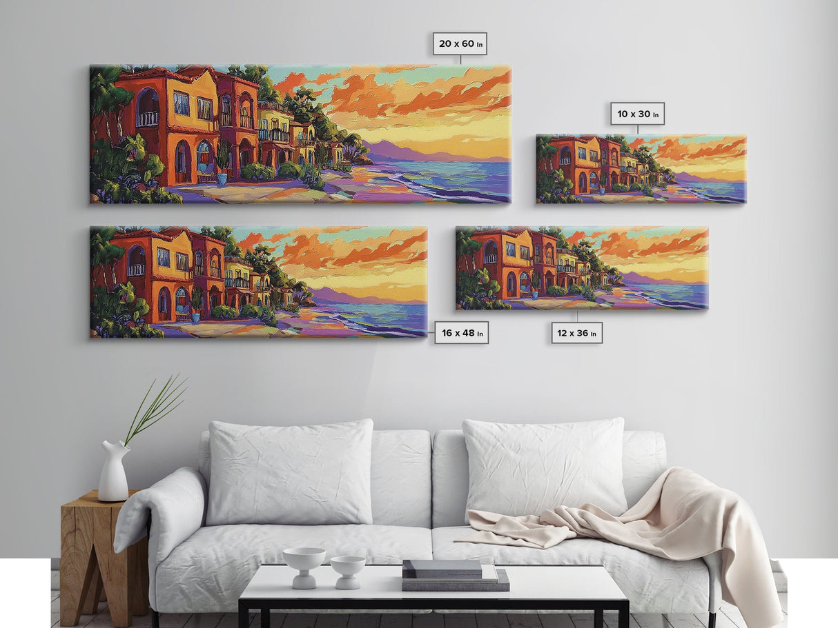 Coastal Village Sunset, Beach House Art, Vibrant Colorful Home Decor, Tropical Wall Style, Framed Canvas Print, Vacation Vibes