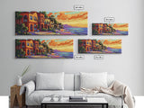 Coastal Village Sunset, Beach House Art, Vibrant Colorful Home Decor, Tropical Wall Style, Framed Canvas Print, Vacation Vibes