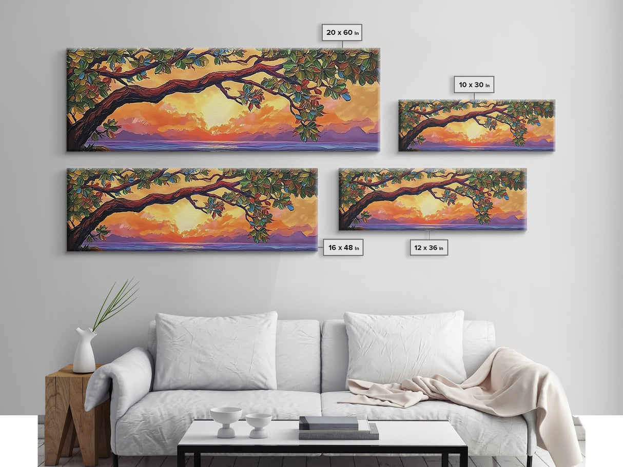 Tropical Tree Sunset, Ocean View Art, Island Vibes, Framed Canvas Print, Beach House Decor, Sunset Wall Art, Coastal Boho Art