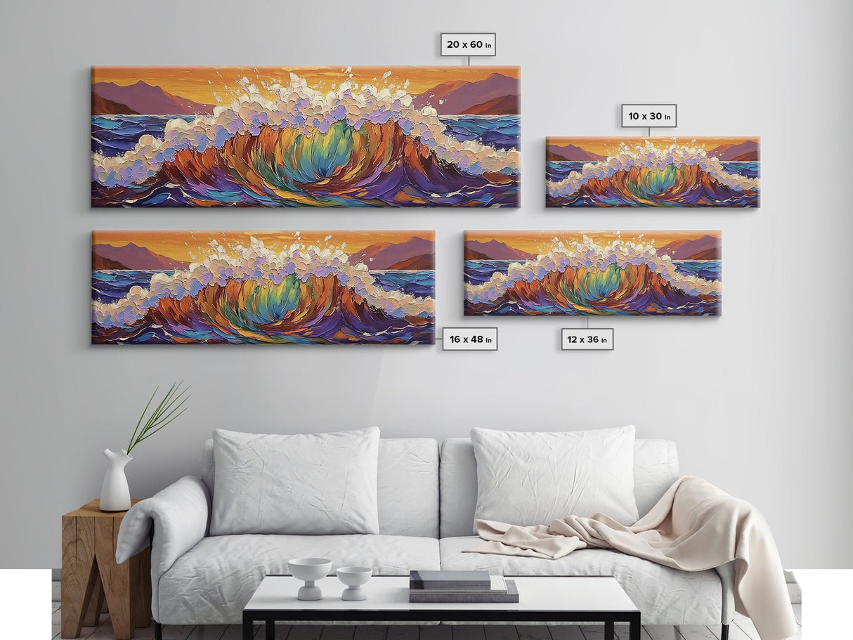 Rainbow Wave Splash, Ocean Energy Art, Vibrant Seascape, Framed Canvas Print, Coastal Living Room Decor, Surf Beach Wall Art, Boho Style