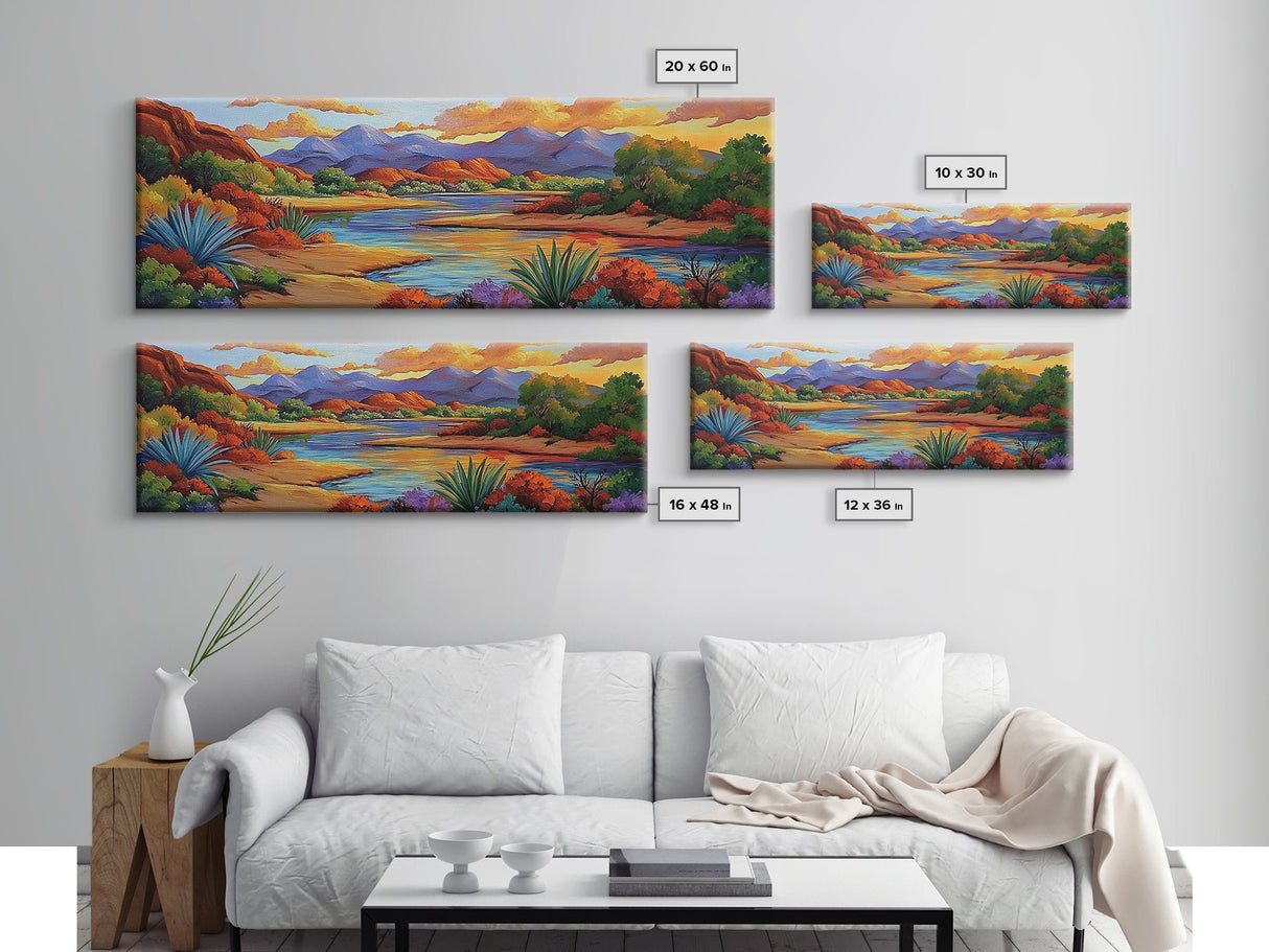 Desert River Colors, Southwest Landscape, Mountain Sunset, Framed Canvas Print, Living Room Wall Art, Earthy Tones, Fall Boho Decor