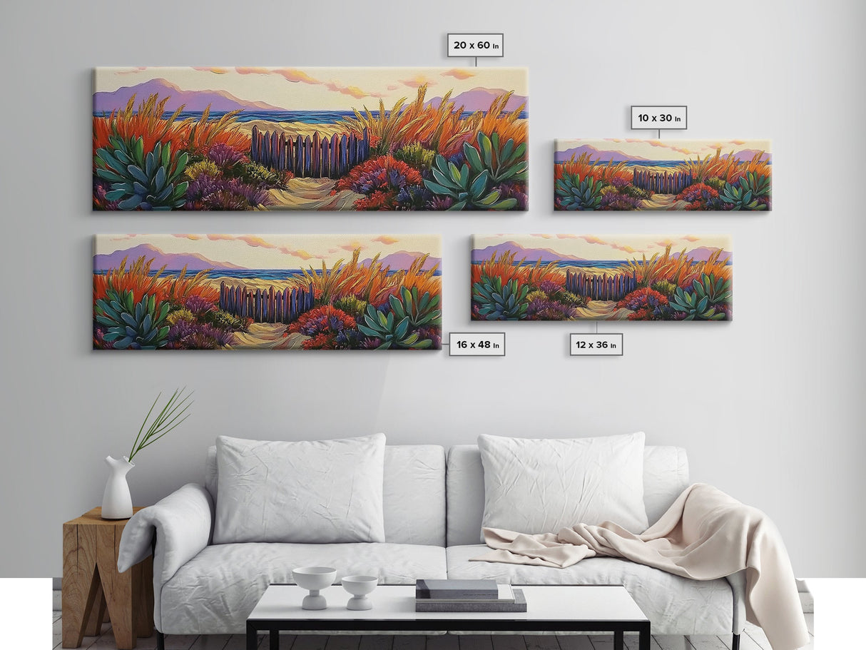 Beach Fence, Sunset Shore, Autumn Grass, Serene Dunes, Framed Canvas Print, Boho Coastal Art, Bedroom Tranquil Wall Decor