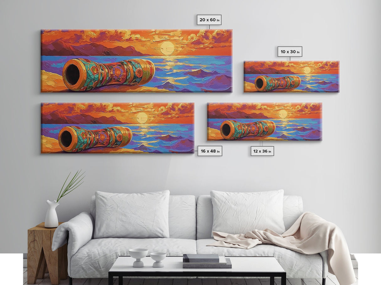 Mosaic Drum, Sunset Rhythm, Tribal Ocean, Desert Music, Framed Canvas Print, Eclectic Art, Living Room Music Wall Piece
