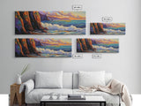 Coastal Cliff, Ocean Waves, Sunset Water, Rocky Shoreline, Framed Canvas Print, Bathroom Wall Art, Vibrant Seascape, Beach House Style