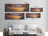 Rocky Beach Cove, Tropical Floral Ocean Art, Sunset Coastline View, Framed Canvas Print, Bathroom Wall Art, Nature Inspired Style