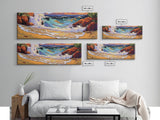 Wave Crash, Rocky Beach, Golden Coast, Tropical Splash, Framed Canvas Print, Coastal Wall Art, Bold Bathroom Decor, Surf Art Style
