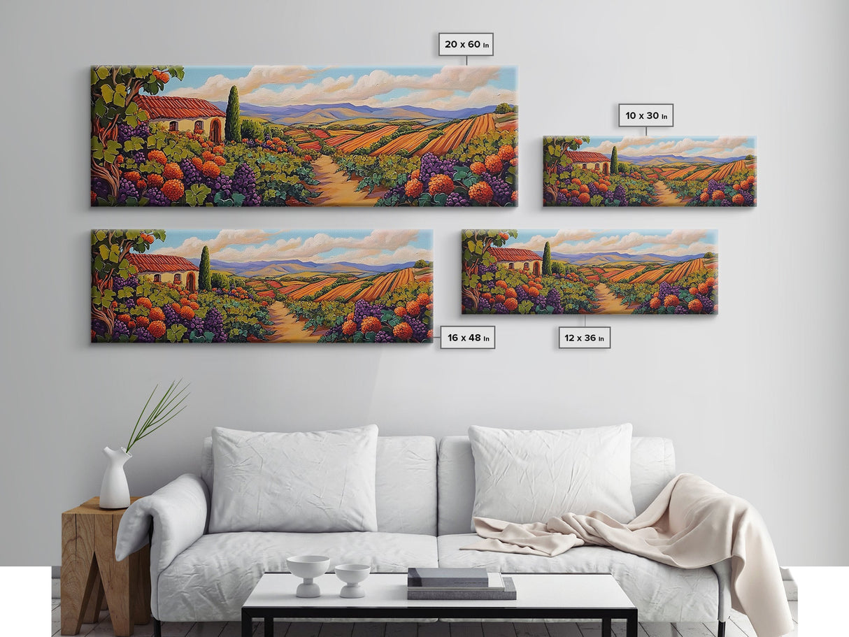 Autumn Vineyard Path, Rustic Countryside, Orange and Purple Art, Framed Canvas Print, Kitchen Wall Decor, Fall Landscape Painting