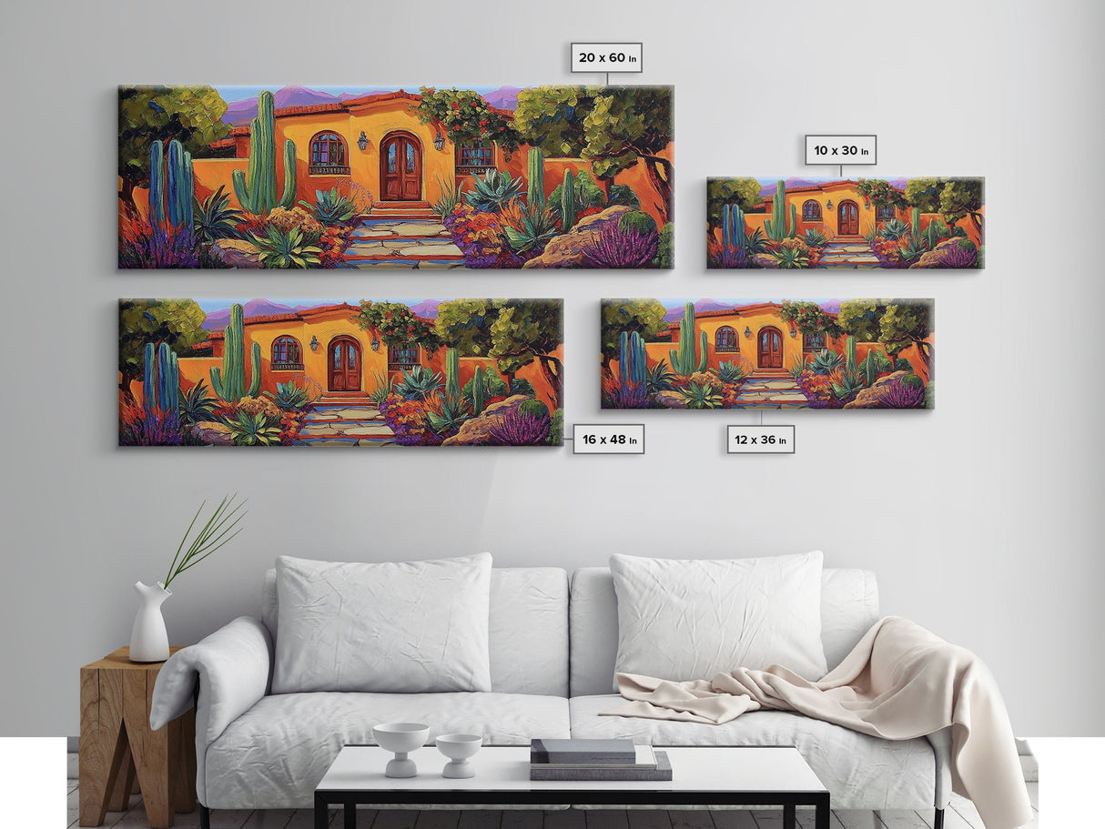 Southwest Garden Entrance, Cactus Desert Home, Rustic Charm, Framed Canvas Print, Living Room Wall Art, Vibrant Adobe Artwork