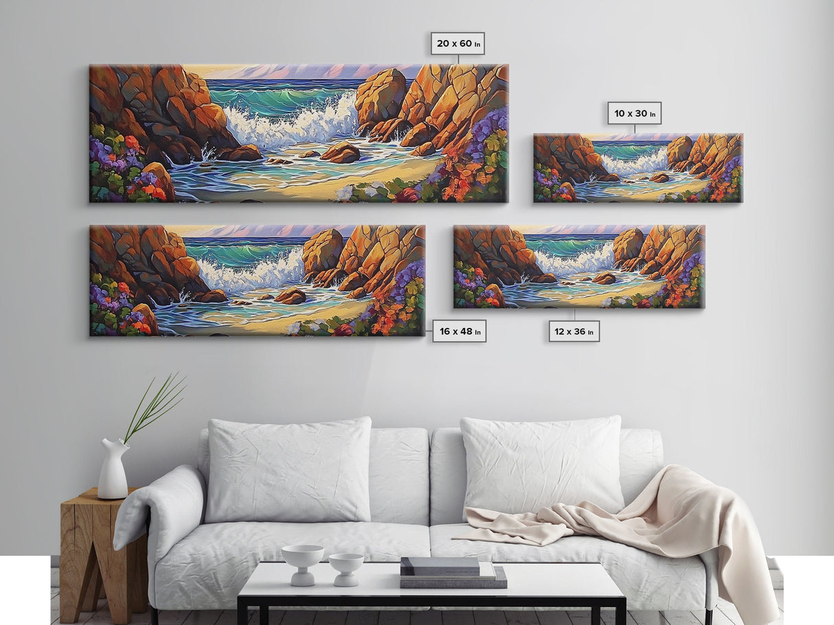 Rocky Shore Break, Ocean Cliff Scene, Seaside Escape, Framed Canvas Print, Coastal Bathroom Wall Art, Nautical Beach Decor