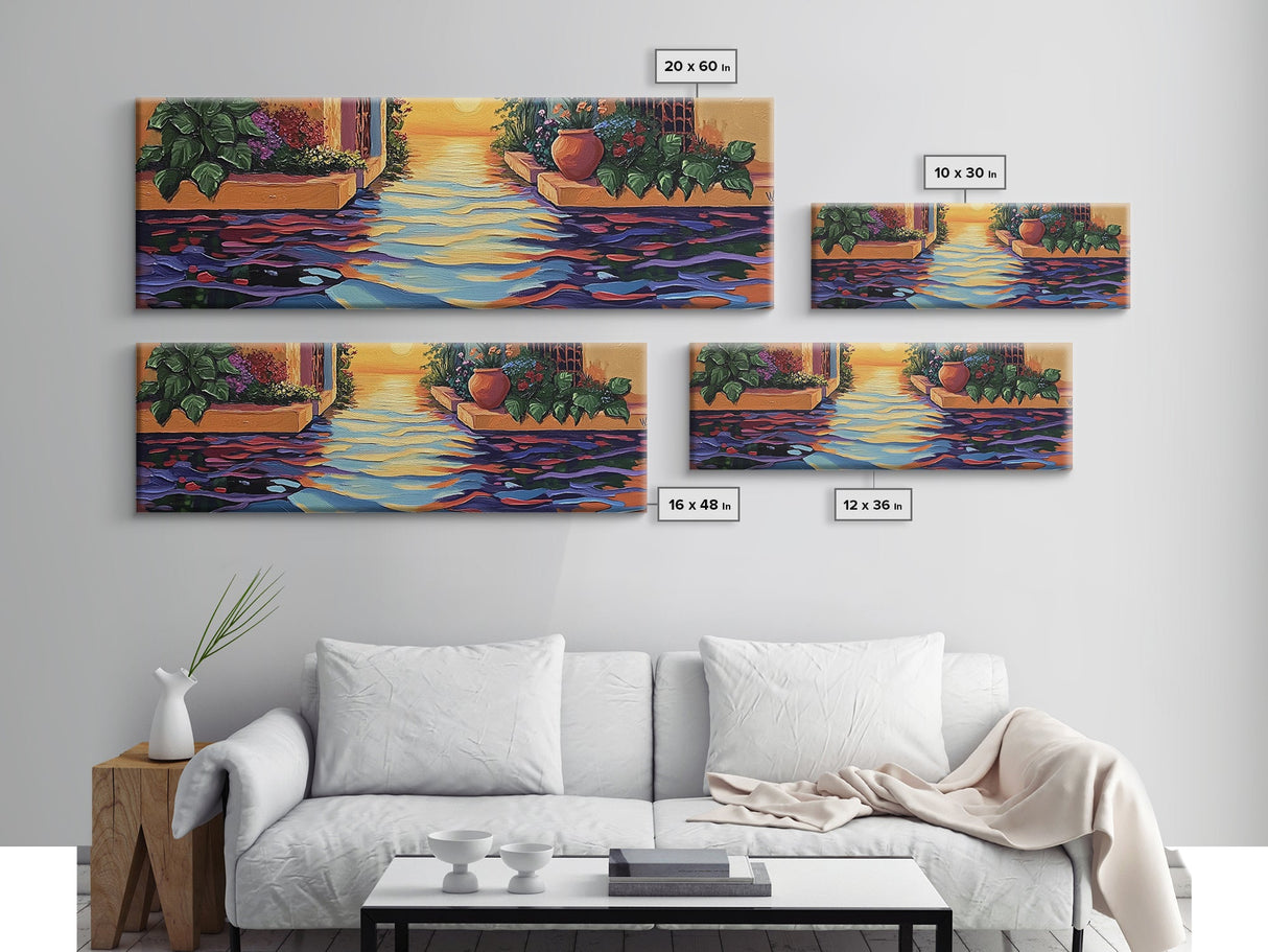 Sunset Canal Garden, Water Reflections, Warm Floral Courtyard, Framed Canvas Print, Kitchen Wall Art, Romantic Boho Artwork
