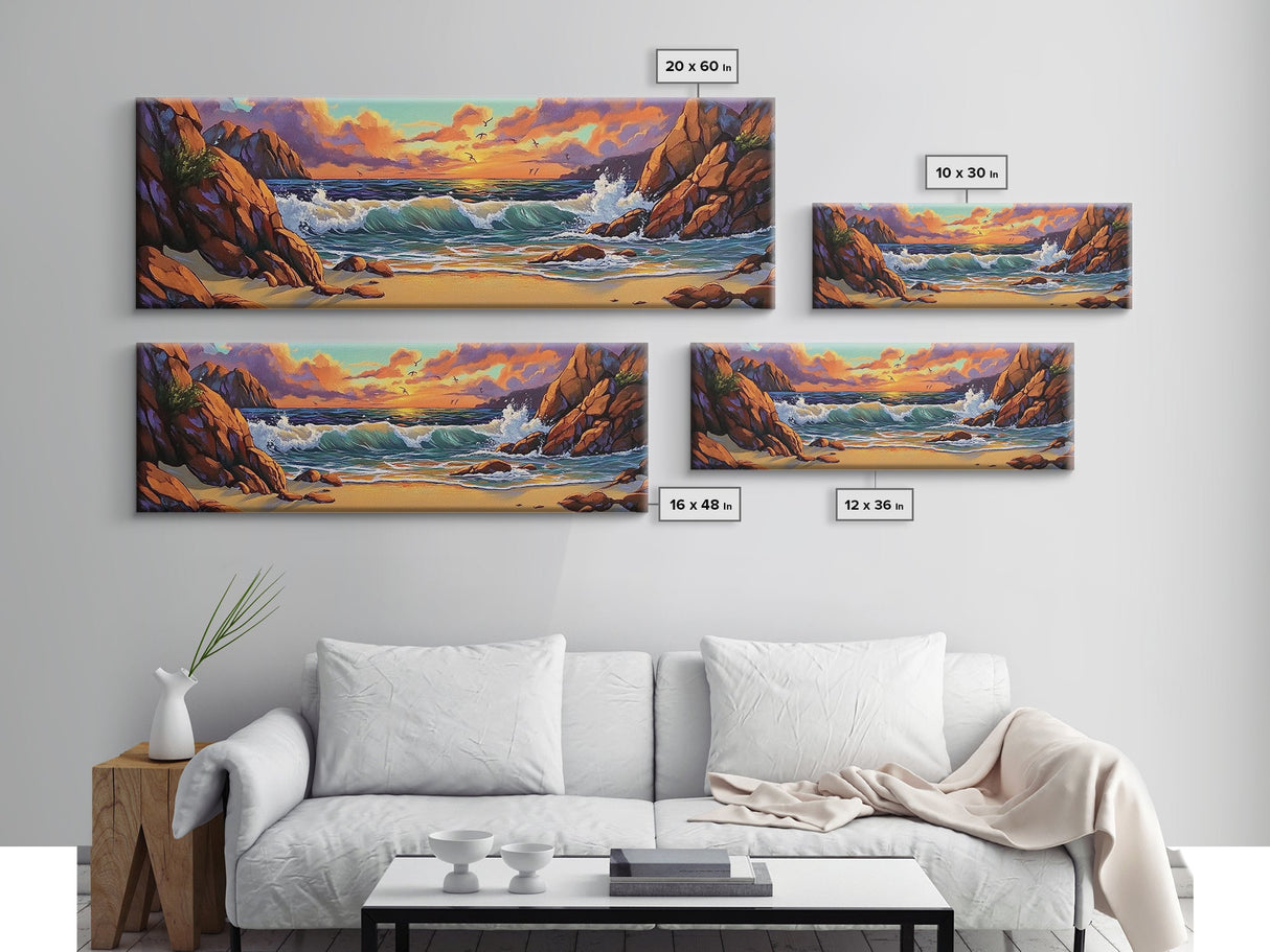Sunset Beach Waves, Dramatic Ocean, Bold Skies, Framed Canvas Print, Entryway Wall Art, Nature Escape, Colorful Beach Scene