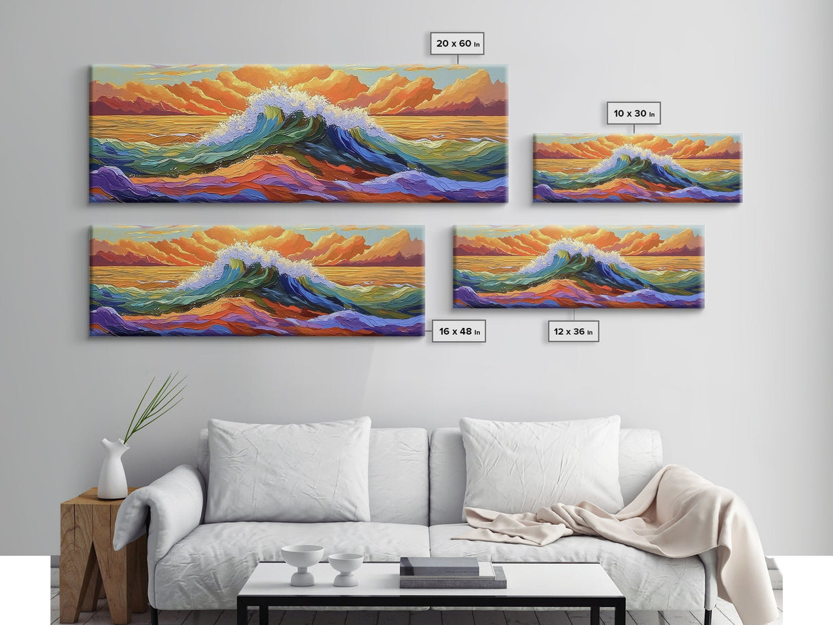 Vibrant Ocean Wave, Coastal Wall Art, Bold Sunset Seascape, Framed Canvas Print, Colorful Beach Decor, Nautical Bathroom Art
