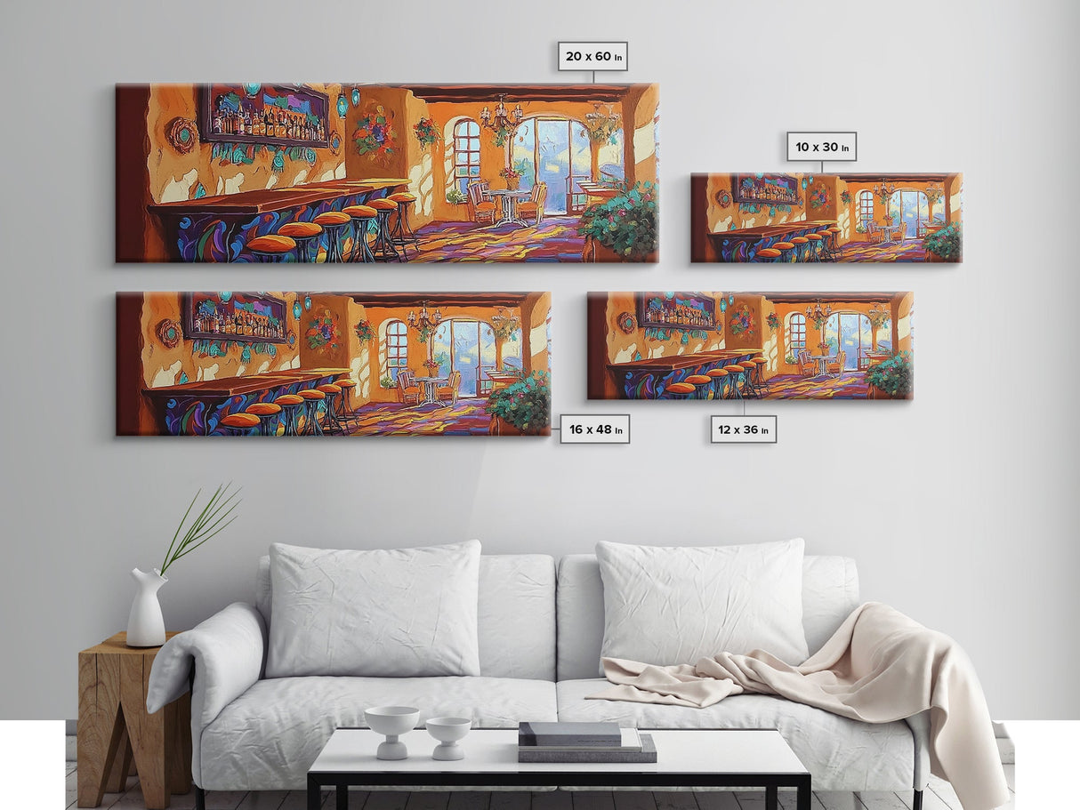 Rustic Cantina Interior, Mexican Bar Scene, Warm Home Decor, Framed Canvas Print, Dining Room Art, Cozy Southwestern Style