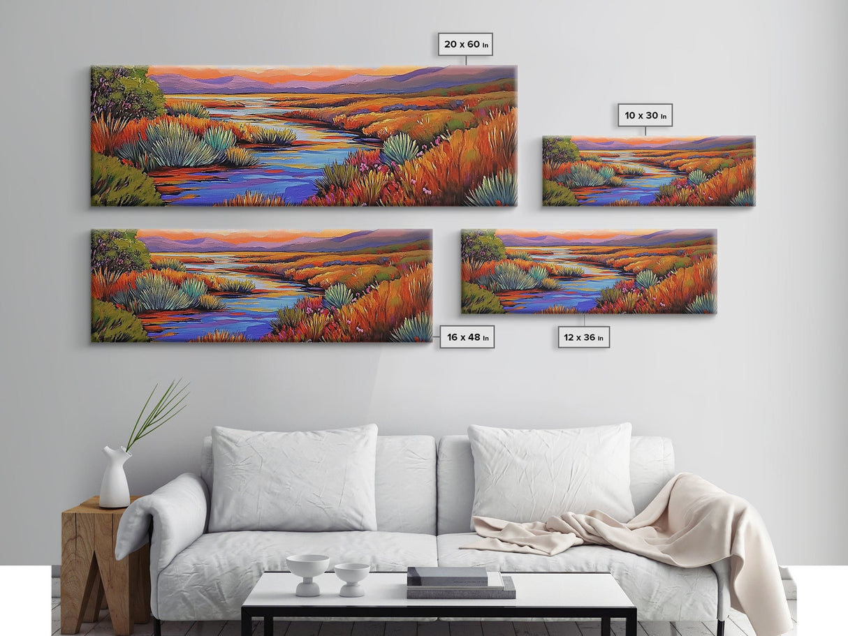Autumn River Landscape, Colorful Nature Scene, Southwest Wall Art, Framed Canvas Print, Fall Living Room Decor, Warm Tones