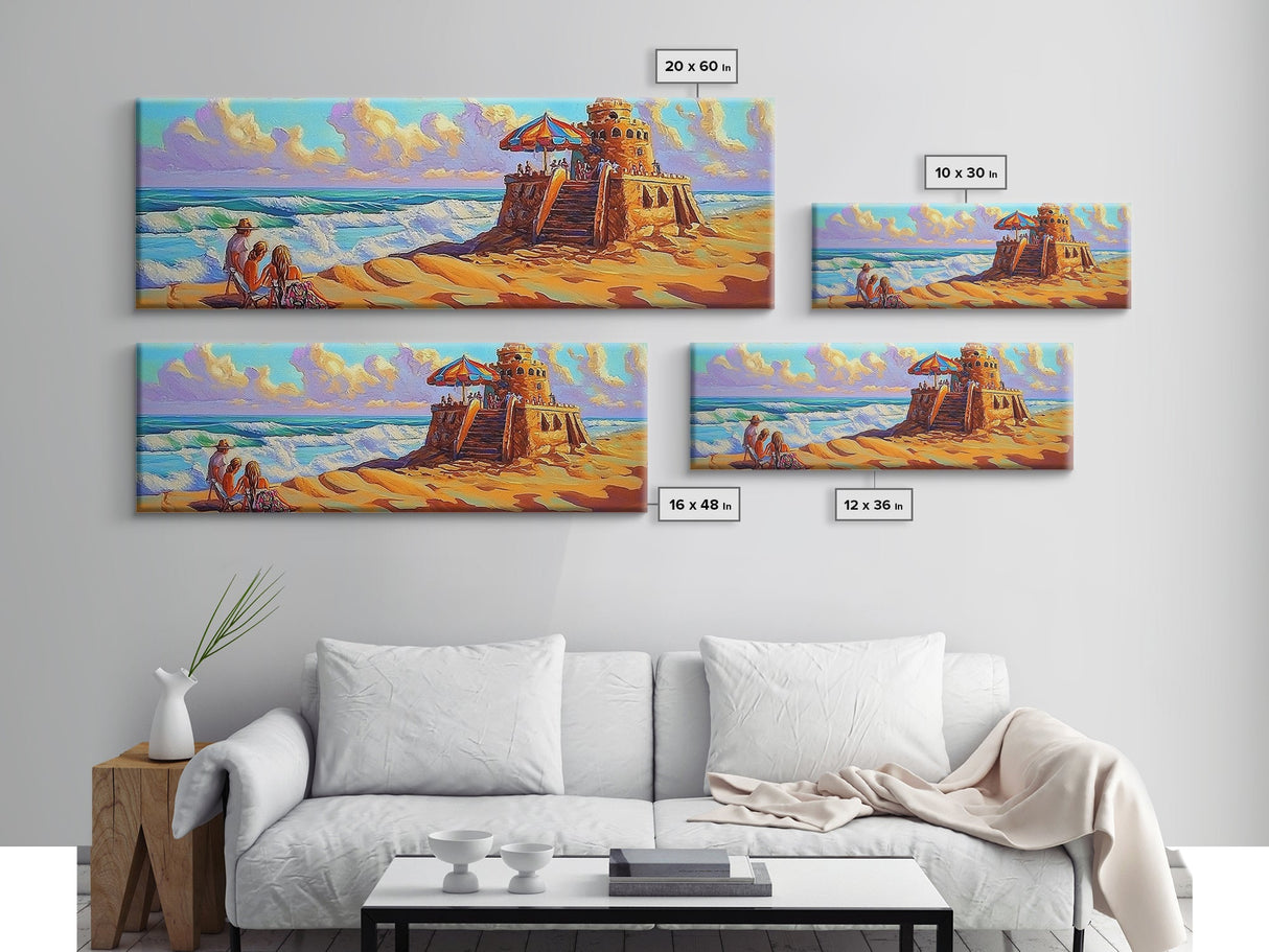 Beach Fortress, Family Fun, Ocean Adventure, Sunny Day Framed Canvas Print, Vacation Memory Wall Art, Playroom Beach Art
