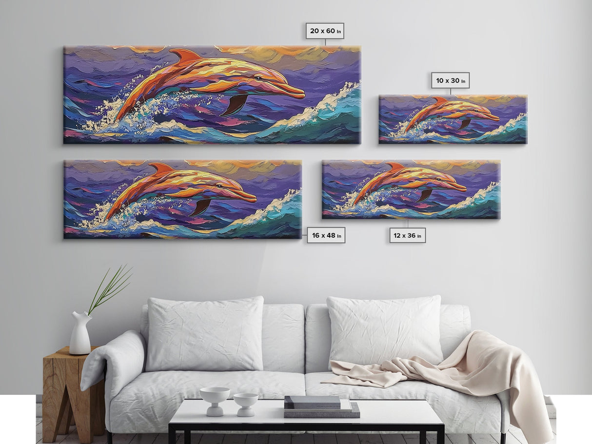 Vibrant Dolphin Art, Ocean Animal Painting, Kids Beach Room Decor, Bold Marine Life Style, Playful Framed Canvas Print, Coastal Vibes