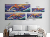 Vibrant Dolphin Art, Ocean Animal Painting, Kids Beach Room Decor, Bold Marine Life Style, Playful Framed Canvas Print, Coastal Vibes
