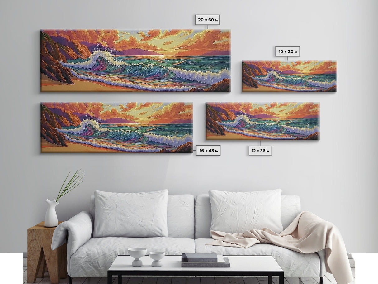 Sunset Surf, Rocky Coast, Vibrant Ocean, Evening Glow, Framed Canvas Print coastal bedroom art, surfer vibes, modern beach wall art
