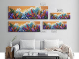 Ocean Blooms, Sunset Waves, Colorful Florals, Seaside Garden, Framed Canvas Print tropical living room wall art, coastal print