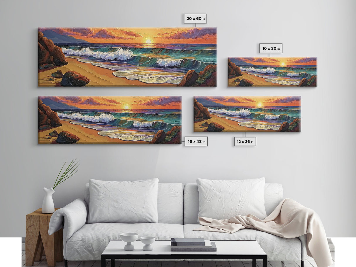 Sunset Beach, Coastal Rocks, Tranquil Shore, Golden Light, Framed Canvas Print beach house decor, minimalist landscape, bedroom art