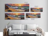 Sunset Beach, Coastal Rocks, Tranquil Shore, Golden Light, Framed Canvas Print beach house decor, minimalist landscape, bedroom art