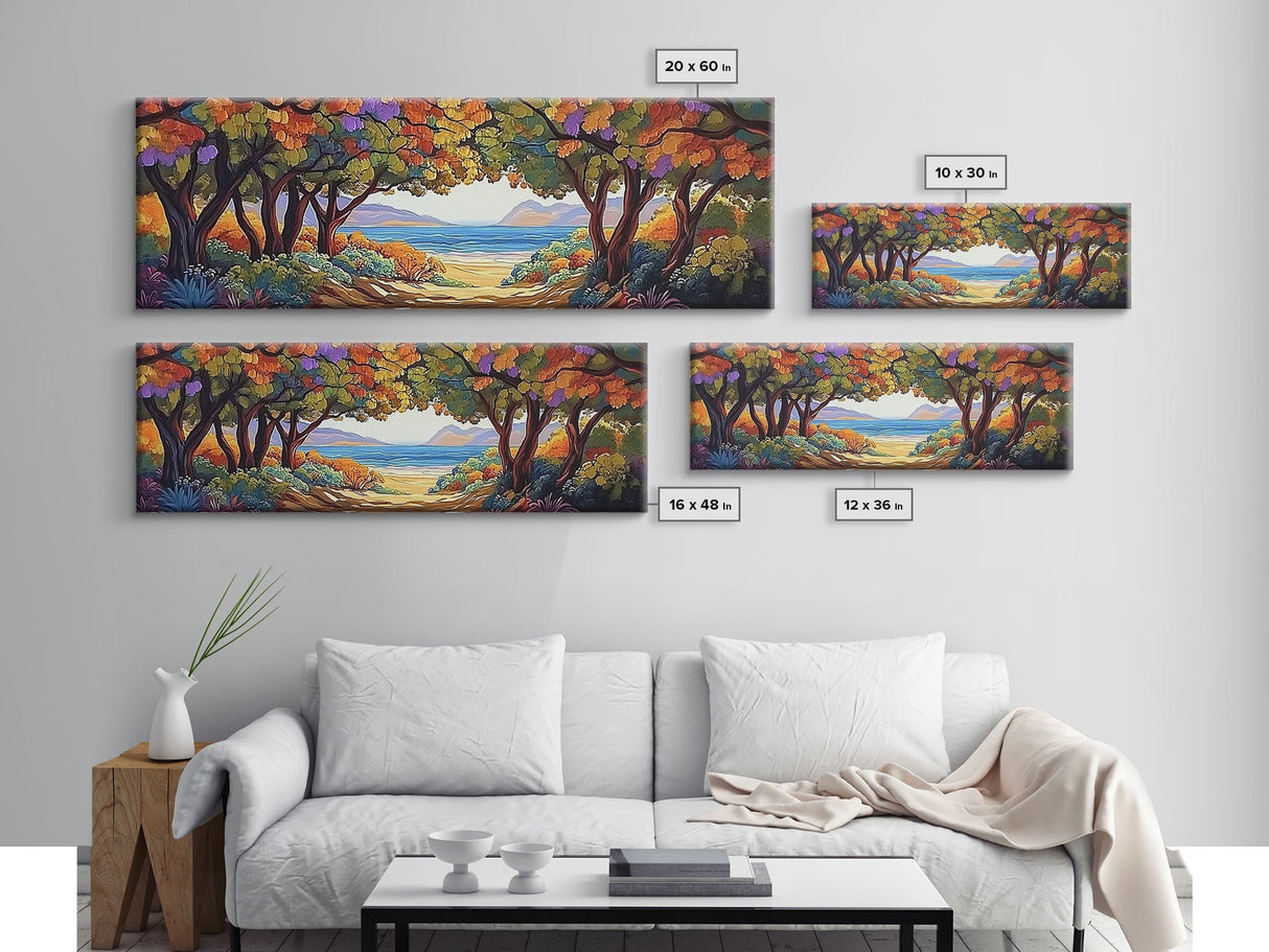 Seaside Trees, Autumn Canopy, Ocean View, Coastal Path, Framed Canvas Print colorful fall wall art, entryway decor, boho nature scene