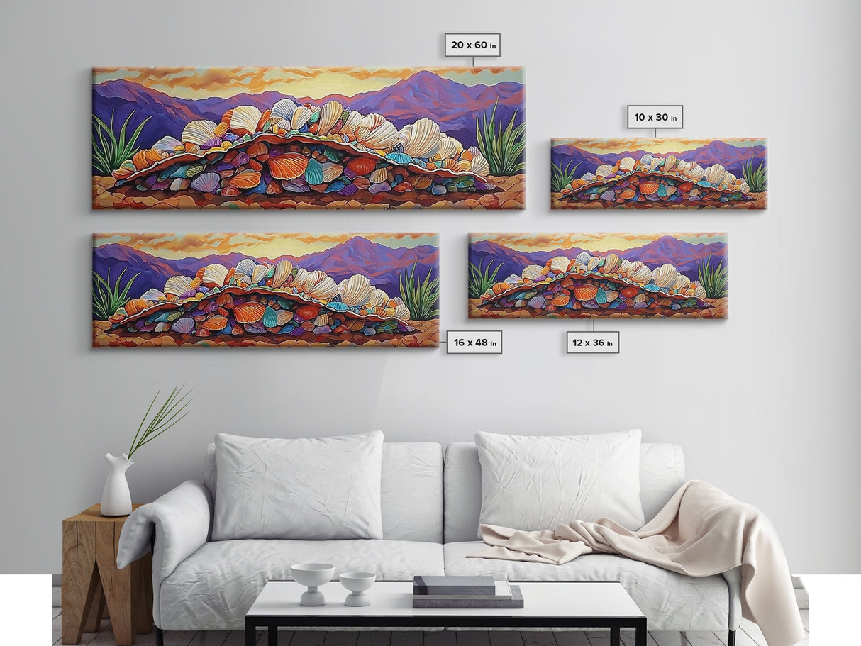 Colorful Shell Art, Coastal Mountain Decor, Ocean Nature Vibes, Beach Shell Wall, Framed Canvas Print, Living Room Coastal Boho Art
