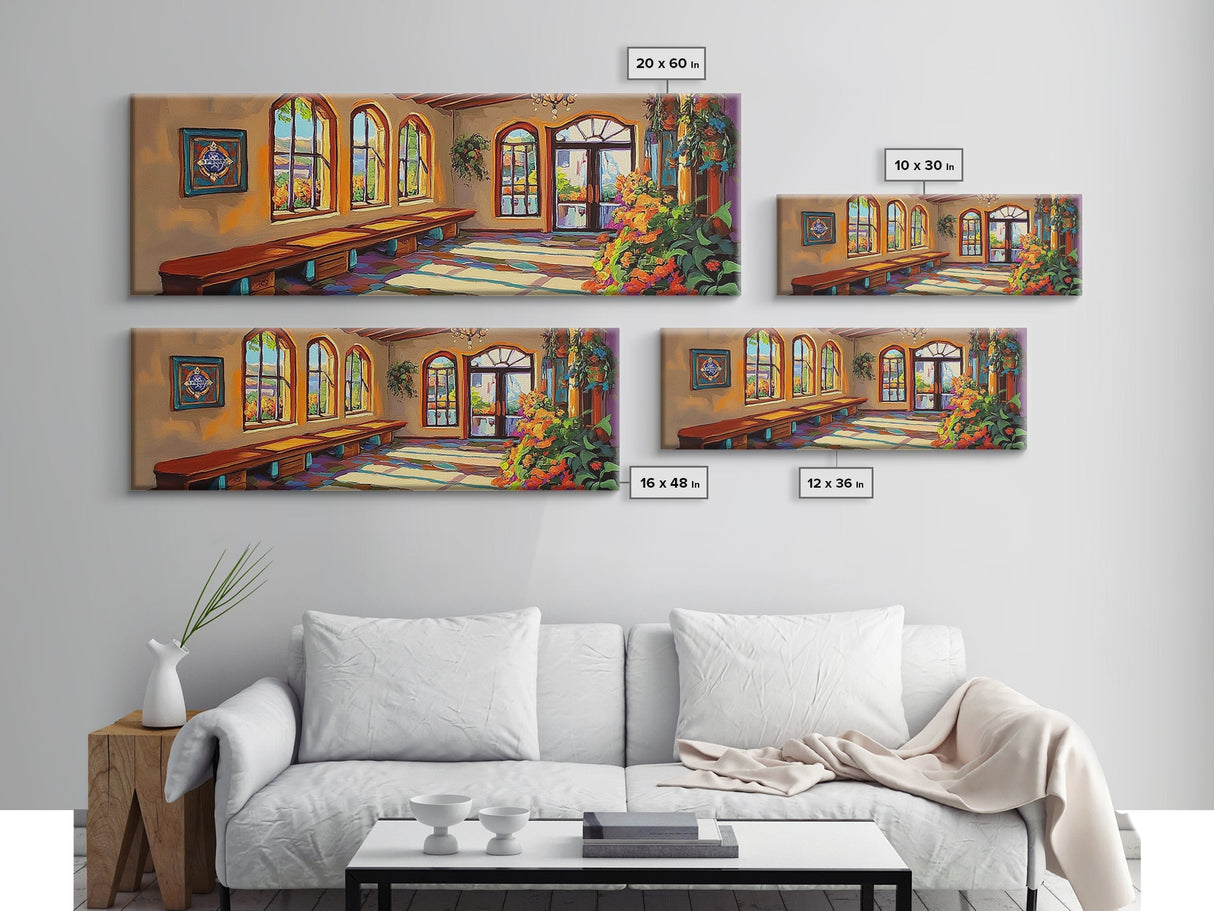 Sunlit Adobe Room, Southwest Architecture Art, Spanish Villa Scene, Rustic Warm Tones, Framed Canvas Print, Hallway Hacienda Decor