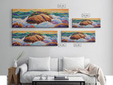 Rocky Shoreline Scene, Vibrant Sea Garden, Coastal Wave Power, Nature Texture Painting, Framed Canvas Print, Ocean Lover Wall Art
