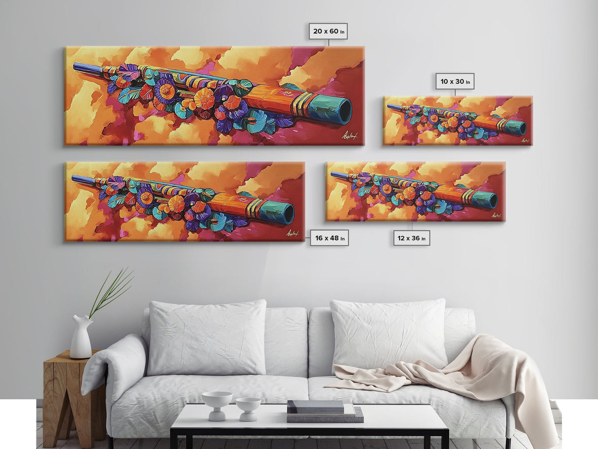 Painted Flute Art, Musical Decor Accent, Southwest Folk Music, Warm Boho Wall Vibe, Framed Canvas Print, Eclectic Music Room Art