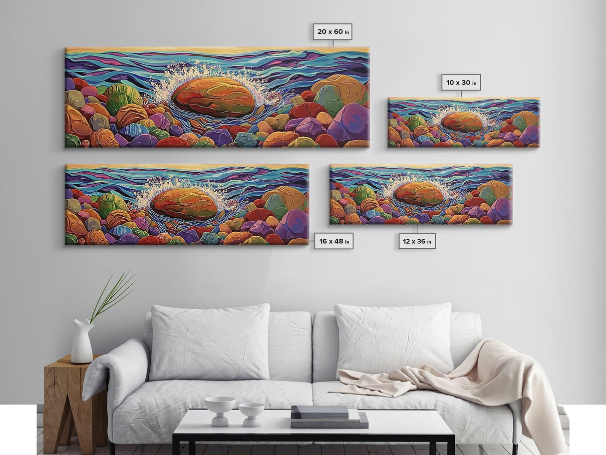 Ocean Splash, Bold Rocks, Sunset Colors, Canvas Print, Vibrant Coastal Art, Abstract Seaside Decor, Living Room Wall Art, Boho Vibes