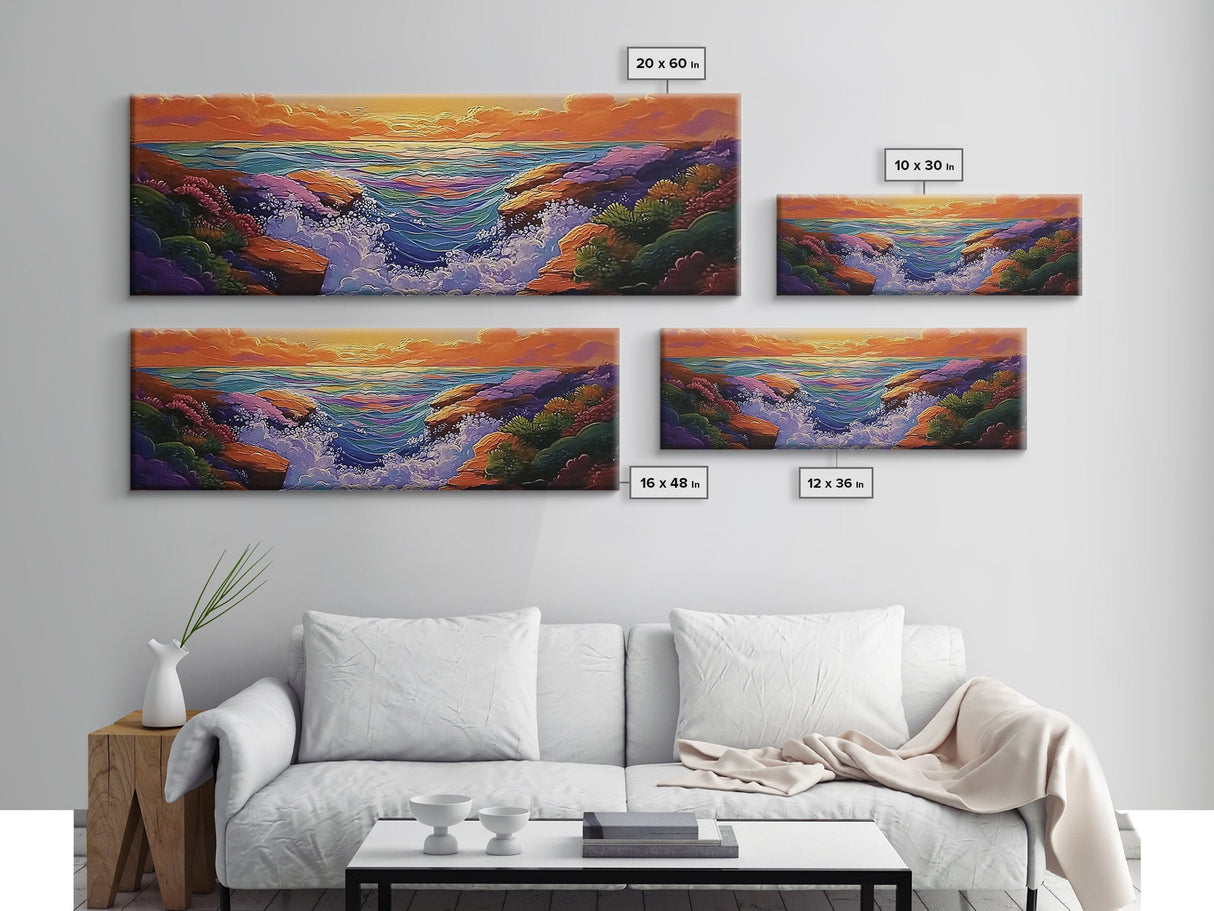 Sunset Coast, Vibrant Waters, Ocean Rocks, Canvas Print, Dreamy Beach Wall Art, Bright Living Room Decor, Boho Seascape Scene