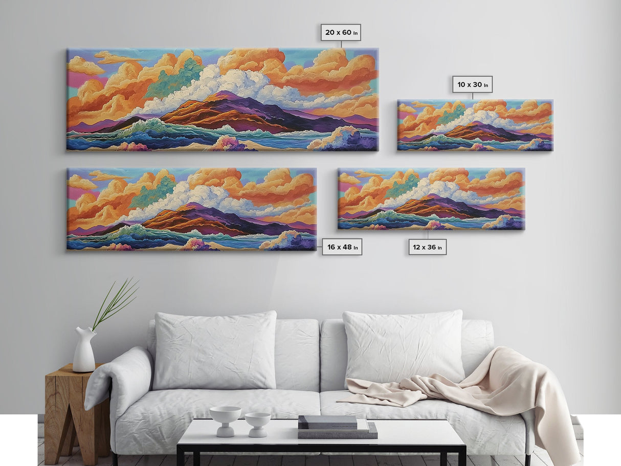 Mountain Coast, Color Clouds, Seaside Vibes, Framed Canvas Print, Tropical Landscape Art, Sunset Wall Decor, Bright Ocean Style