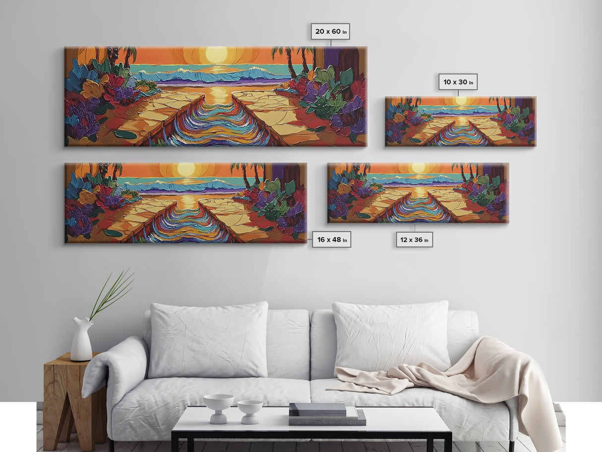 Sunset Path, Ocean View, Tropical Flowers, Canvas Print, Vibrant Beach House Wall Art, Bold Color Decor, Coastal Living Room Art
