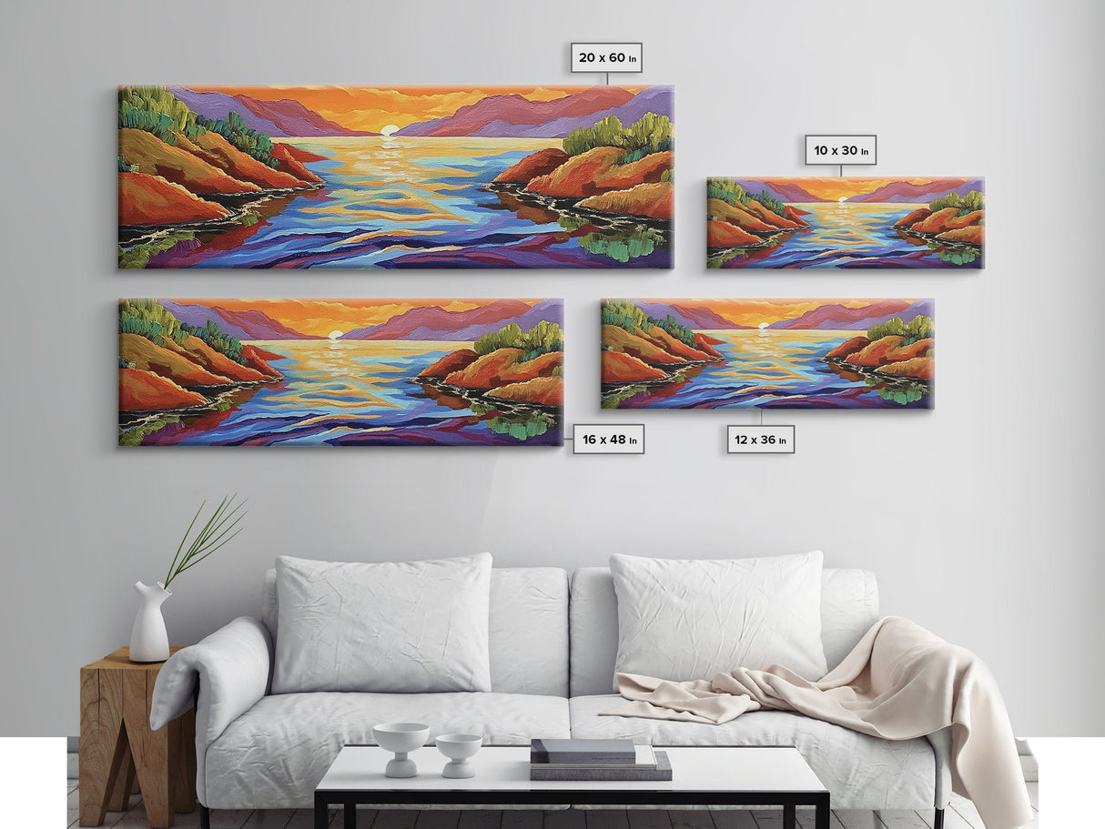 Sunset Lake, Mountain Reflection, Bold Colors, Canvas Print, Tranquil Landscape Art, Living Room Wall Decor, Nature Inspired Aesthetic