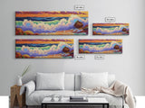 Ocean Waves, Splashing Surf, Bold Colors, Framed Canvas Print, Vibrant Coastal Wall Art, Bathroom Beach Decor, Tropical Ocean Vibes