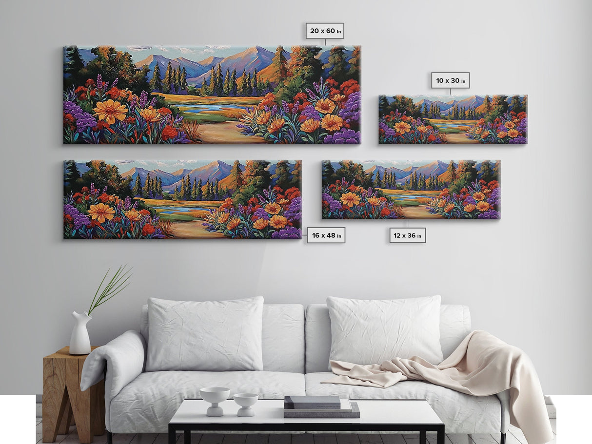 Wildflower Trail Art, Mountain Landscape, Framed Canvas Print, Nature Inspired Decor, Boho Living Room Wall Art, Vibrant Floral Scene