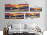 Crashing Sunset Waves, Ocean Horizon Art, Coastal Abstract Painting, Framed Canvas Print, Colorful Living Room Wall Art, Beach Vibes