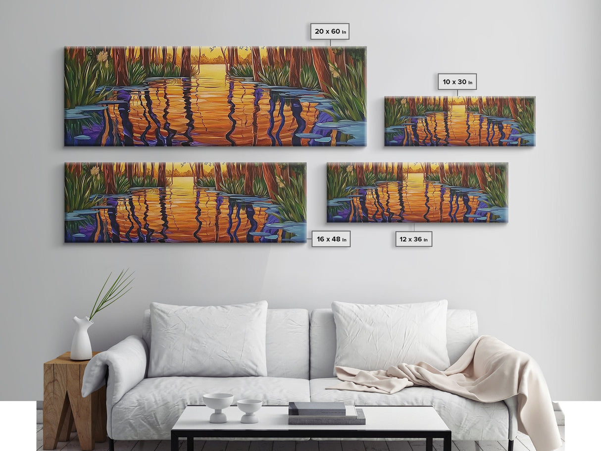 Sunset Reflection, Tranquil Forest, Swamp Scene, Cypress Trees, Framed Canvas Print, Autumn Wall Art, Rustic Decor, Nature Art