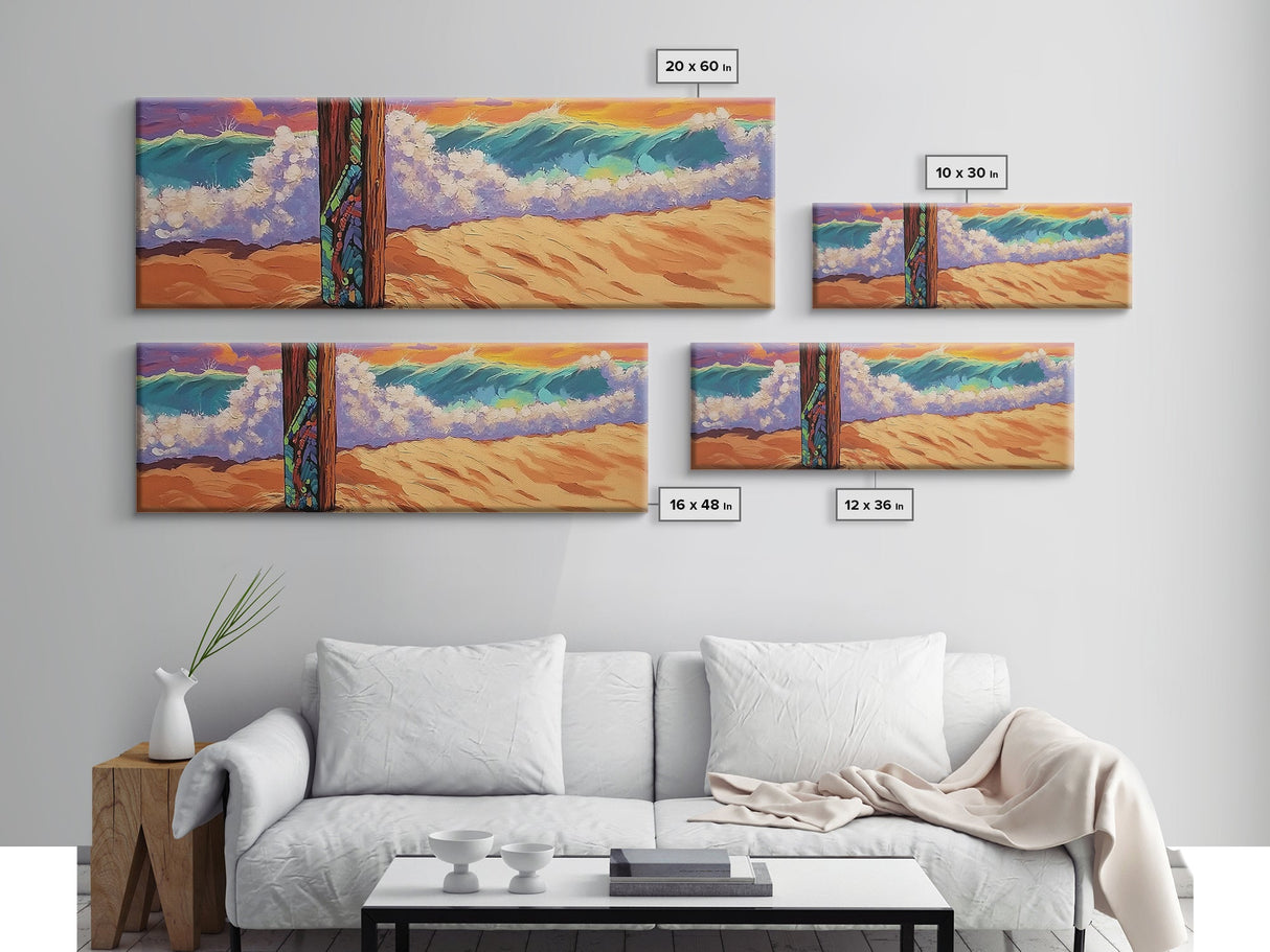 Painted Post, Colorful Shore, Ocean Wave, Surf Vibes, Framed Canvas Print, Beach Bedroom Wall Art, Tropical Seaside Expressionism