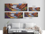 Rocky Shore, Ocean Splash, Sunset Cove, Botanical Scene, Framed Canvas Print, vibrant coastal wall art, beach bathroom decor, ocean vibe