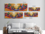 Sunset Islands, Floating World, Fantasy Village, Framed Canvas Print, Whimsical Wall Art, Eclectic Home Decor, Surreal Landscape Art