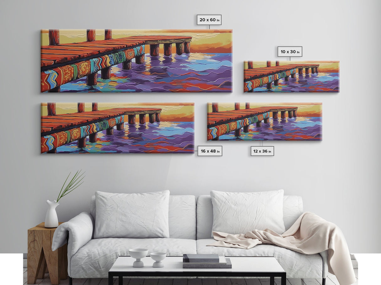 Vibrant Dock Sunset, Painted Pier, Ocean Reflections, Warm Horizon, Framed Canvas Print, Beach House Wall Art, Nautical Scene