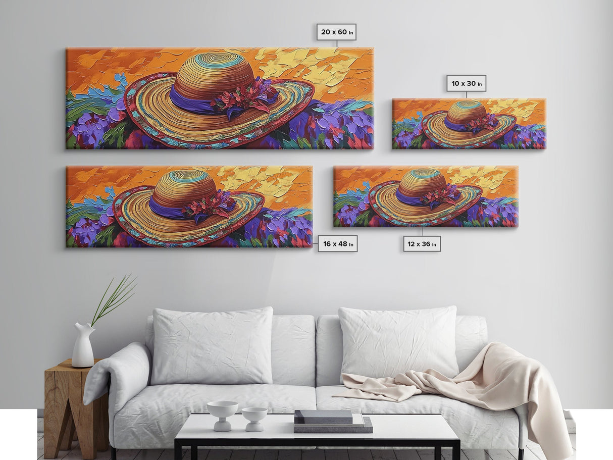 Sun Hat Painting, Floral Accent, Bold Texture, Summer Vibes, Framed Canvas Print, Boho Wall Art, Bedroom or Dressing Room Decor