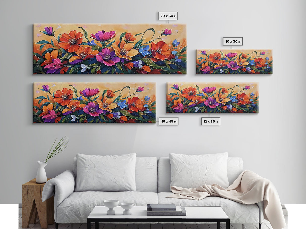 Vibrant Floral Burst, Sunset Garden, Colorful Flowers, Bold Leaves, Canvas Print, Living Room Wall Art, Boho Botanical Style